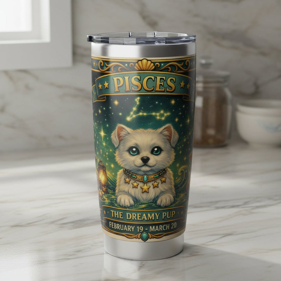Tumbler with Pisces zodiac design featuring a puppy on a white background