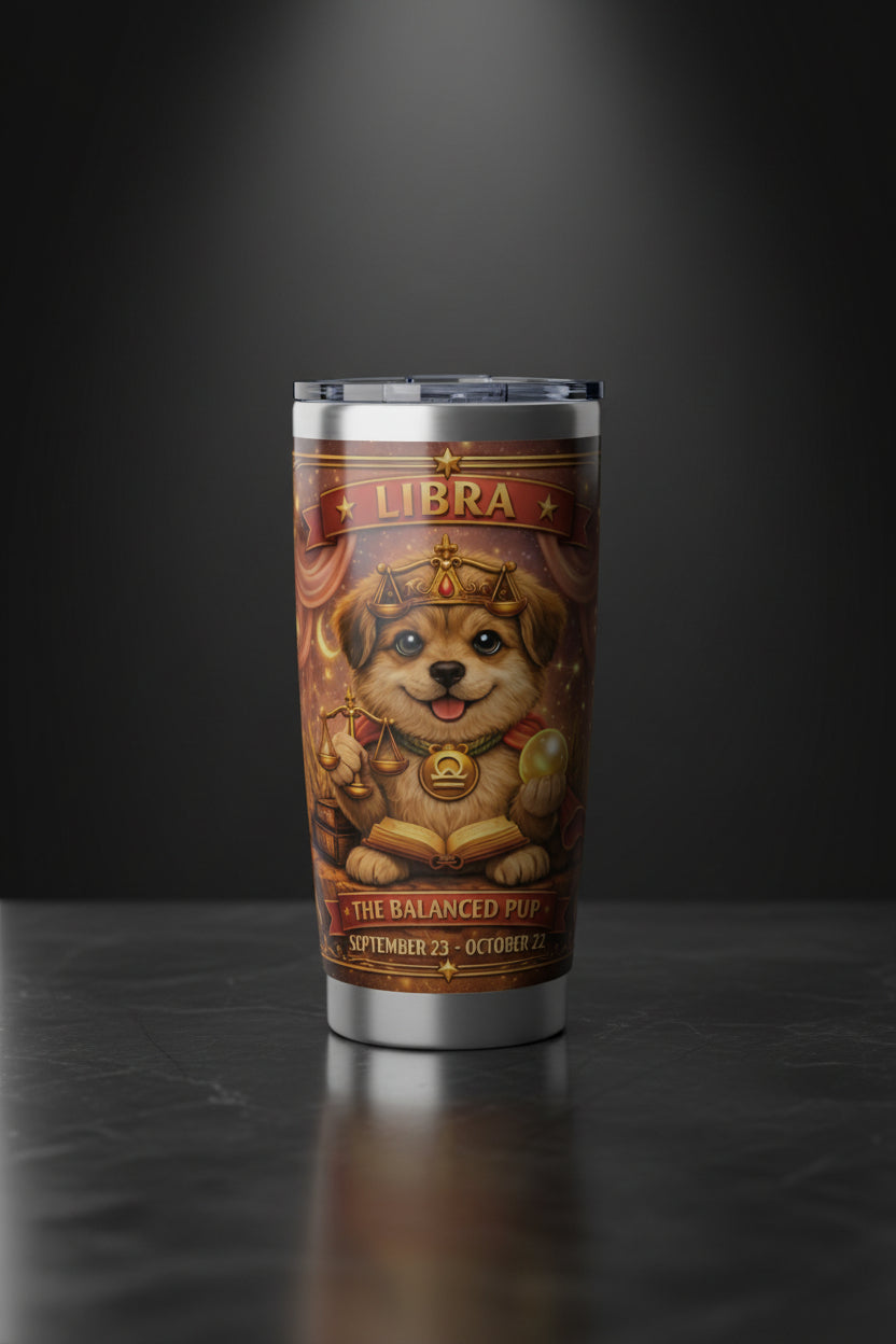 Tumbler with a dog illustration and 'Libra' text on a white background