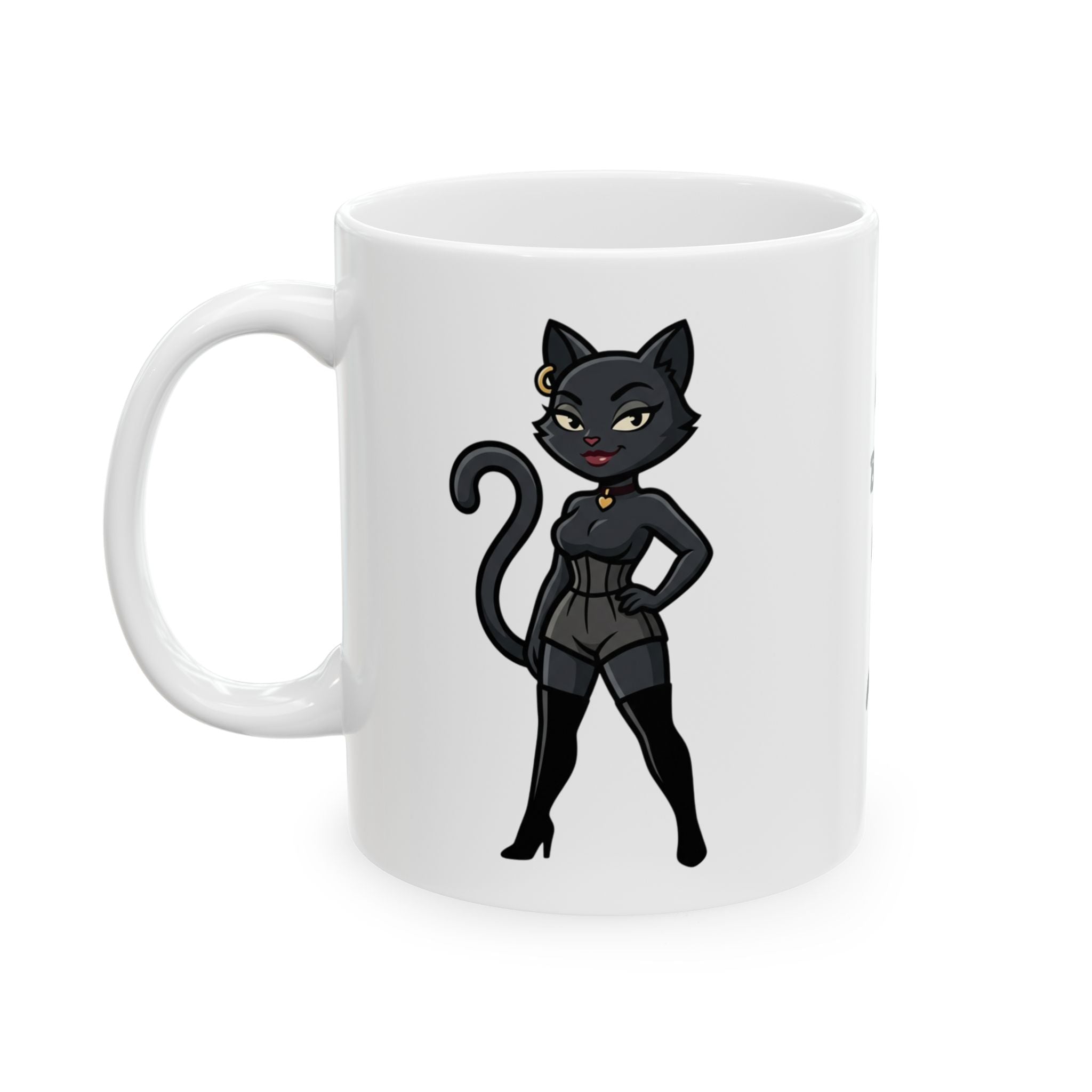 White mug with a black cat character design on a white background