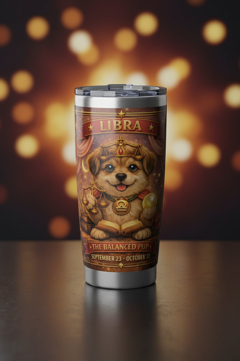 Tumbler with a dog illustration and 'Libra' text on a white background