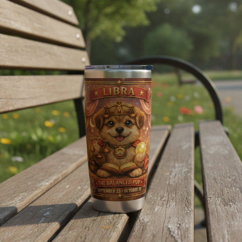 Tumbler with a dog illustration and 'Libra' text on a white background