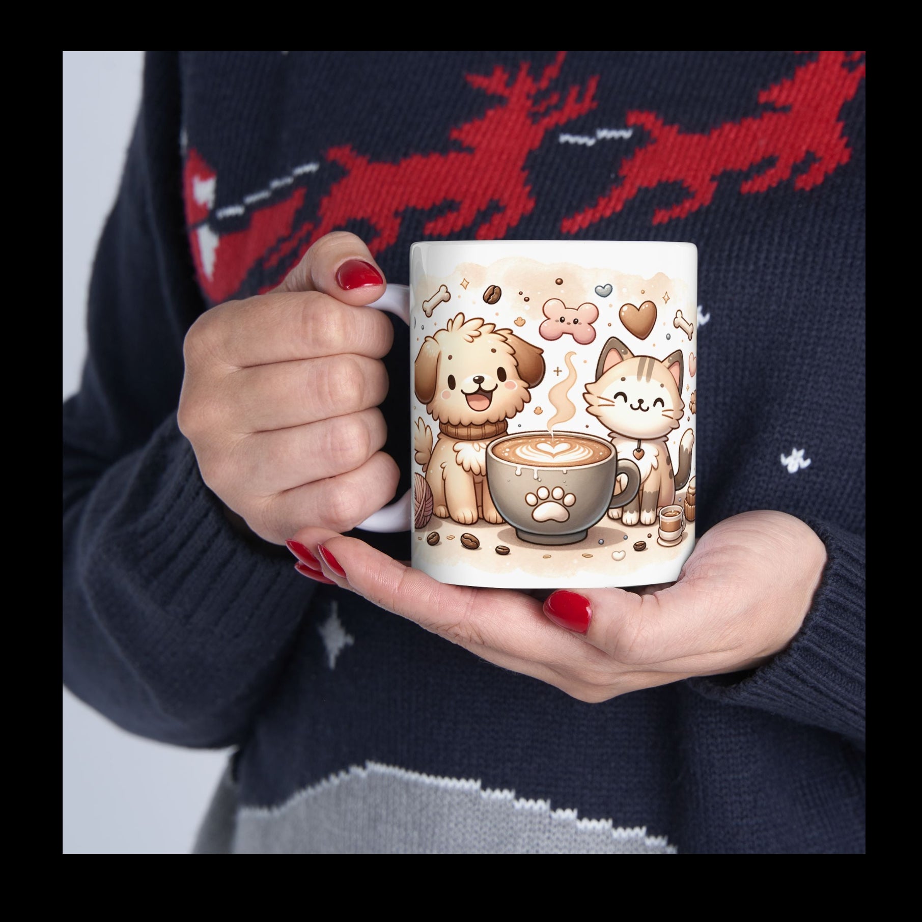 Person holding a mug with cartoon dogs and a coffee cup design, wearing a dark sweater with red deer patterns.