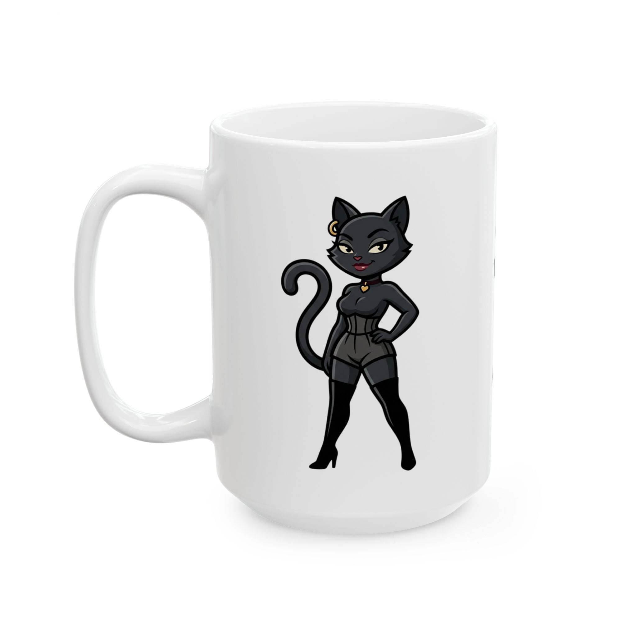 White mug with a black cat illustration on a white background
